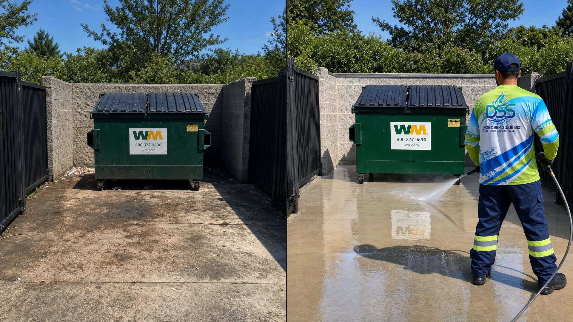 Dumpster pad before and after sanitizing