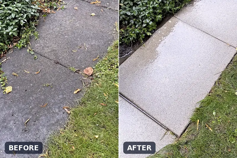 Concrete walkway before and after pressure washing