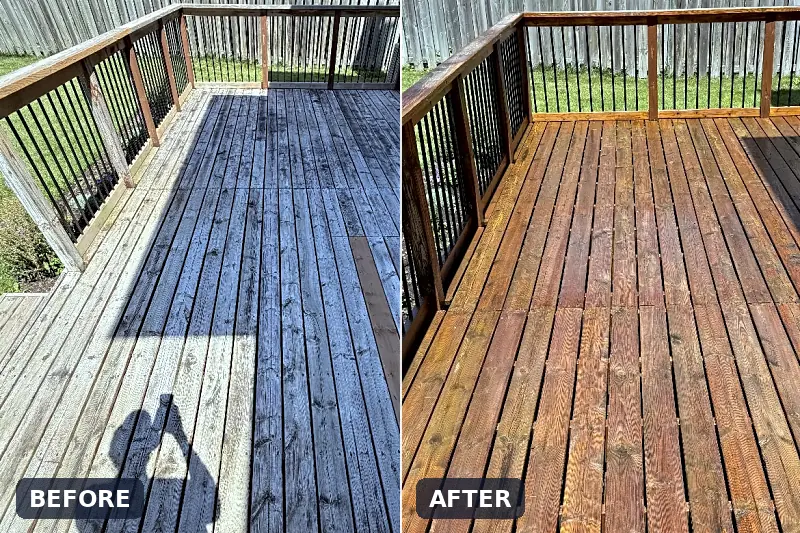 Wood deck before and after cleaning