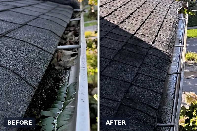 Eavestrough cleaning: gutter full of leaves before and cleared after