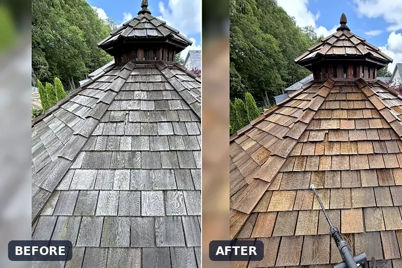 Roof soft washing: cedar shingle roof before and after