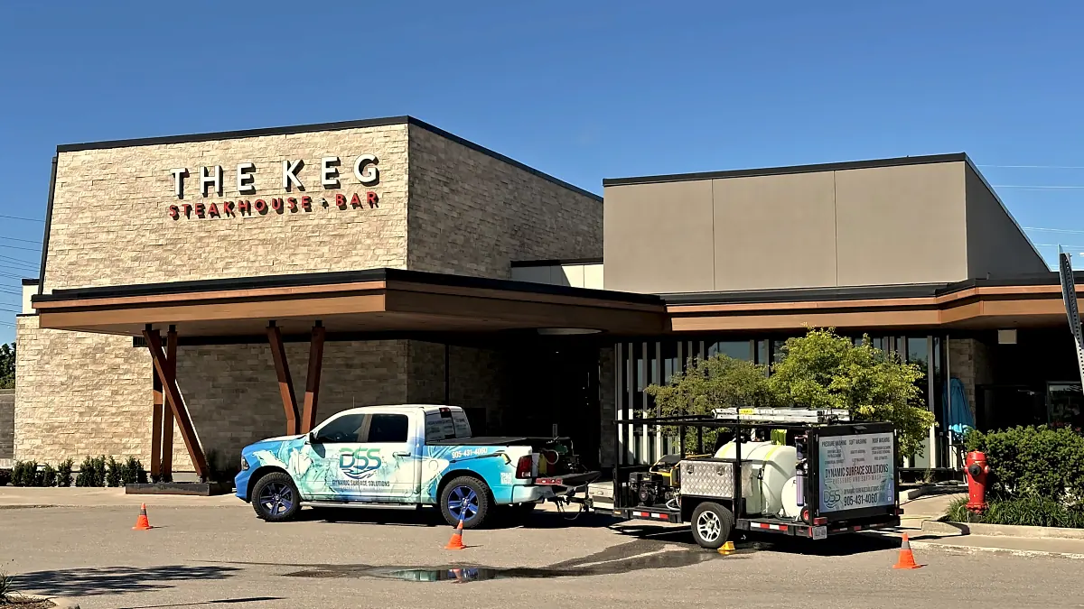 DSS truck and equipment trailer on a commercial job at a local restaurant in Oshawa