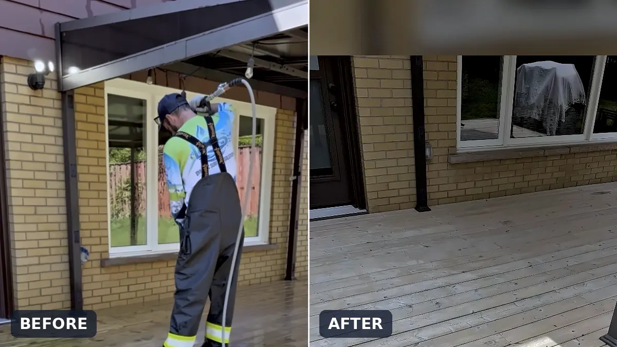 DSS technician pressure washing a commercial patio, with the before and after
