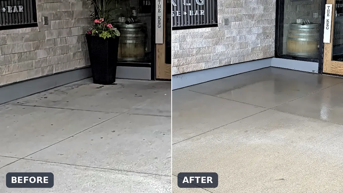 Before and after: gum and grime removed from the entrance concrete at a local restaurant in Oshawa