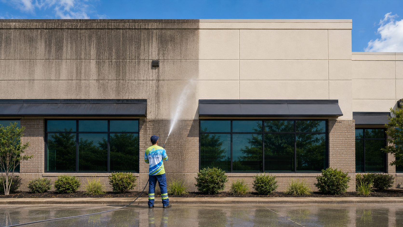 Commercial building facade before and after soft washing