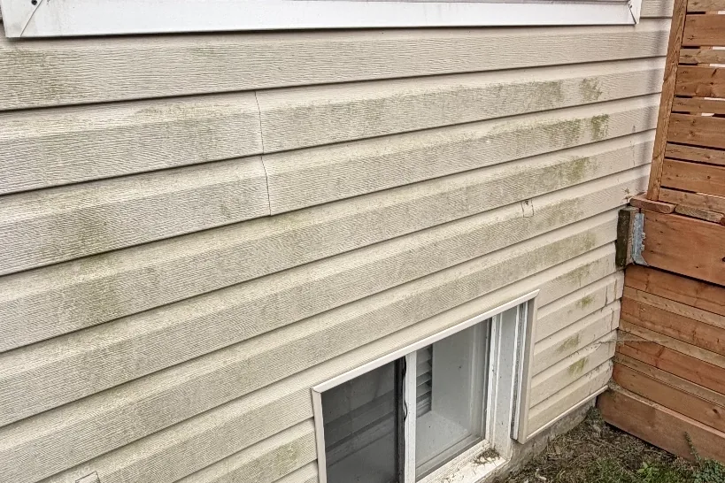 Before: Vinyl siding beside a basement window covered in grime and algae