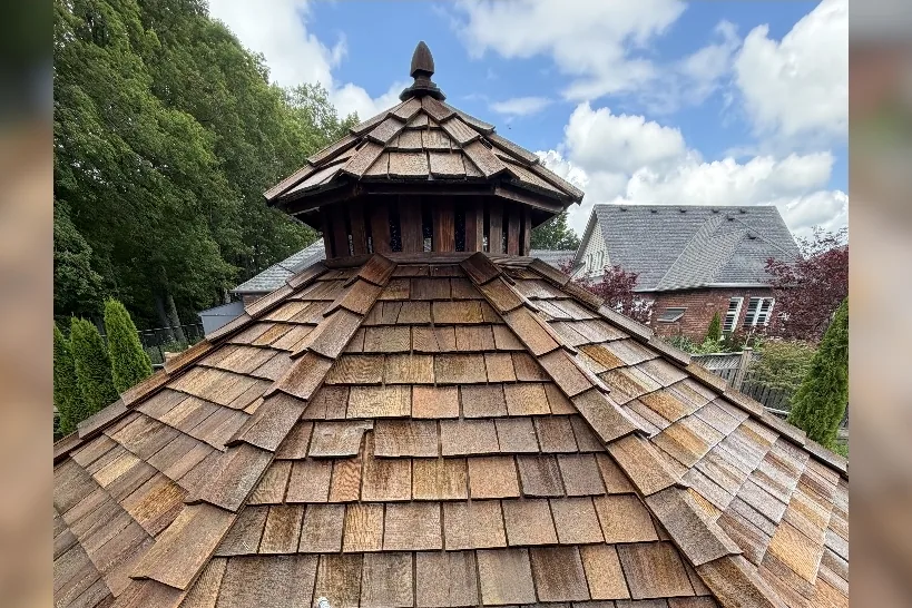 After: The same cedar shake gazebo roof cleaned with a roof soft wash