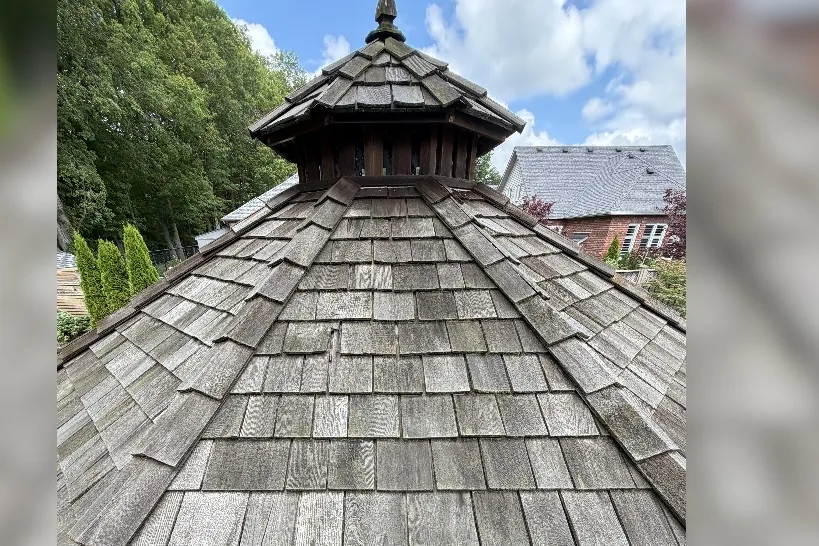 Before: Grey, weathered cedar shake gazebo roof with moss and lichen