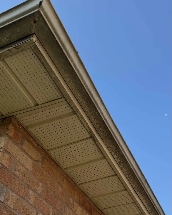 Before: Beige soffit and fascia with dirt and cobwebs above brick